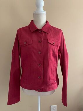 Red Button-Front Denim Jean Jacket